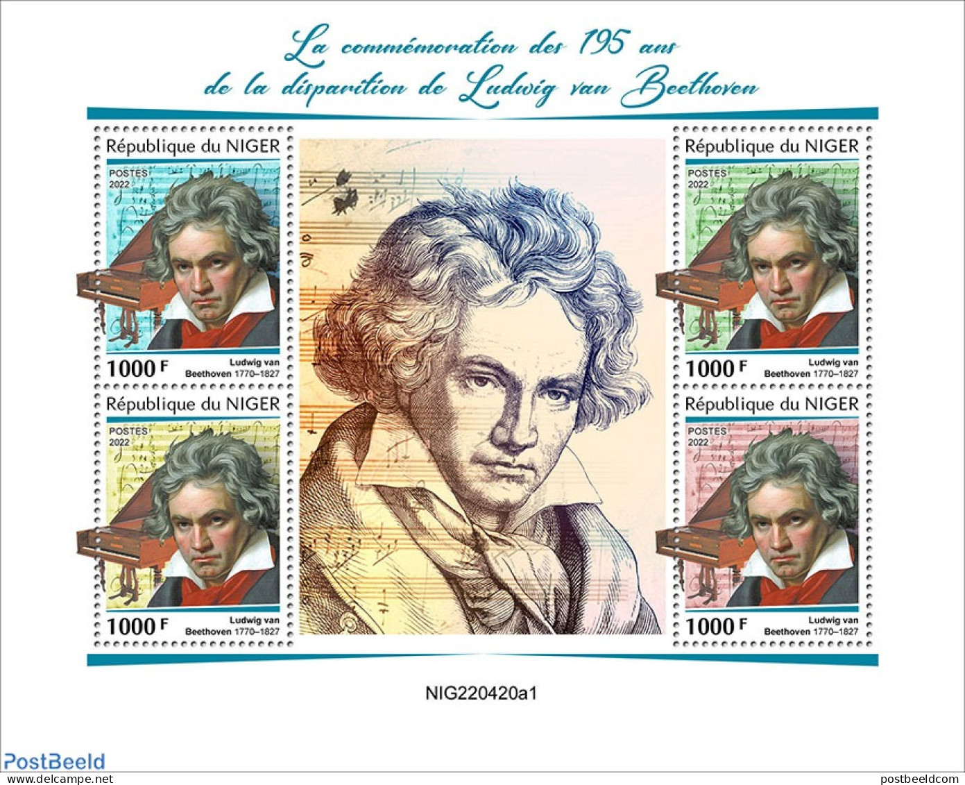 Niger 2022 195th Memorial Anniversary Of Ludwig Van Beethoven, Mint NH, Performance Art - Music - Art - Composers - Music
