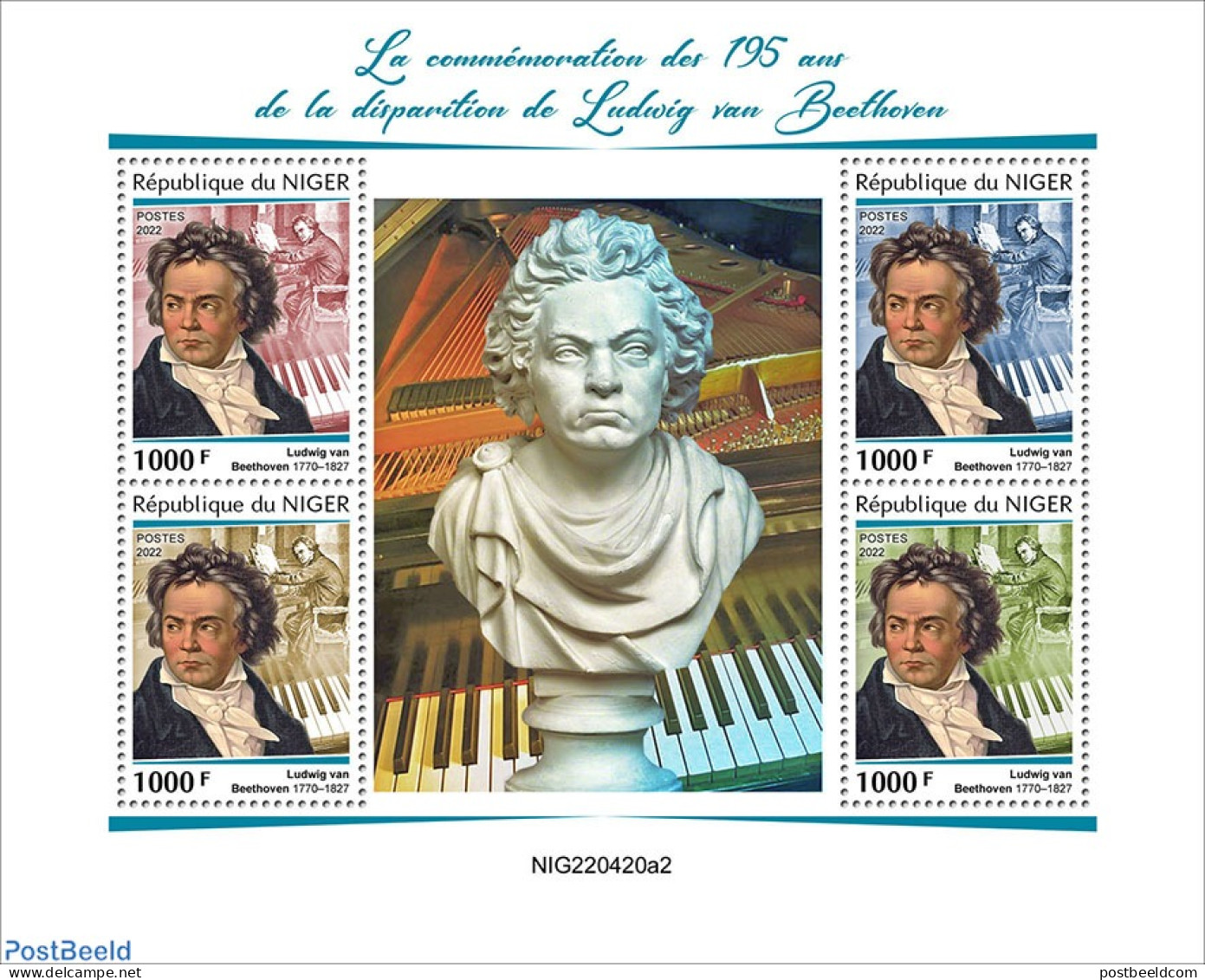 Niger 2022 195th Memorial Anniversary Of Ludwig Van Beethoven, Mint NH, Performance Art - Music - Musical Instruments .. - Música