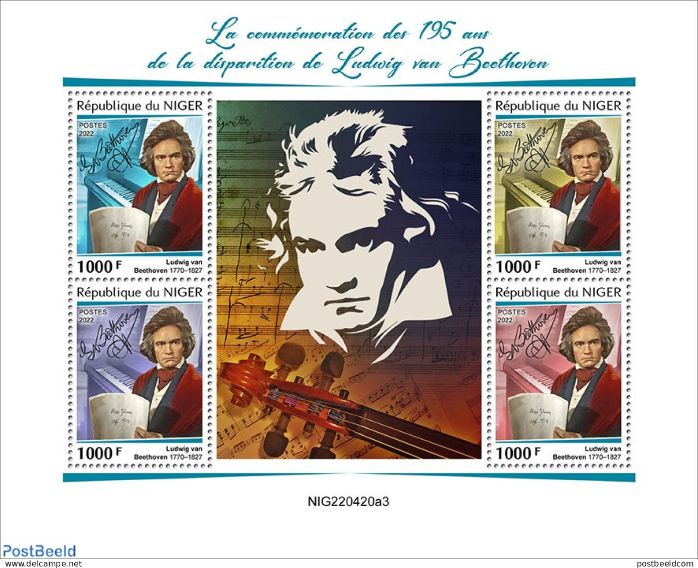 Niger 2022 195th Memorial Anniversary Of Ludwig Van Beethoven, Mint NH, Performance Art - Music - Musical Instruments .. - Musique
