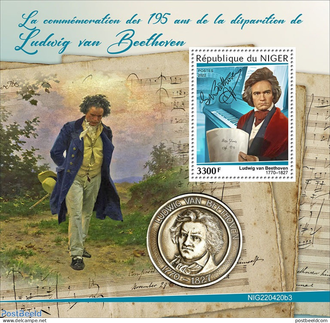 Niger 2022 195th Memorial Anniversary Of Ludwig Van Beethoven, Mint NH, Performance Art - Music - Art - Composers - Musique