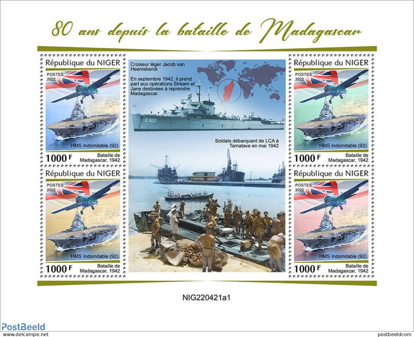 Niger 2022 80 Years Since The Battle Of Madagascar, Mint NH, History - Transport - Flags - Militarism - World War II -.. - Militares