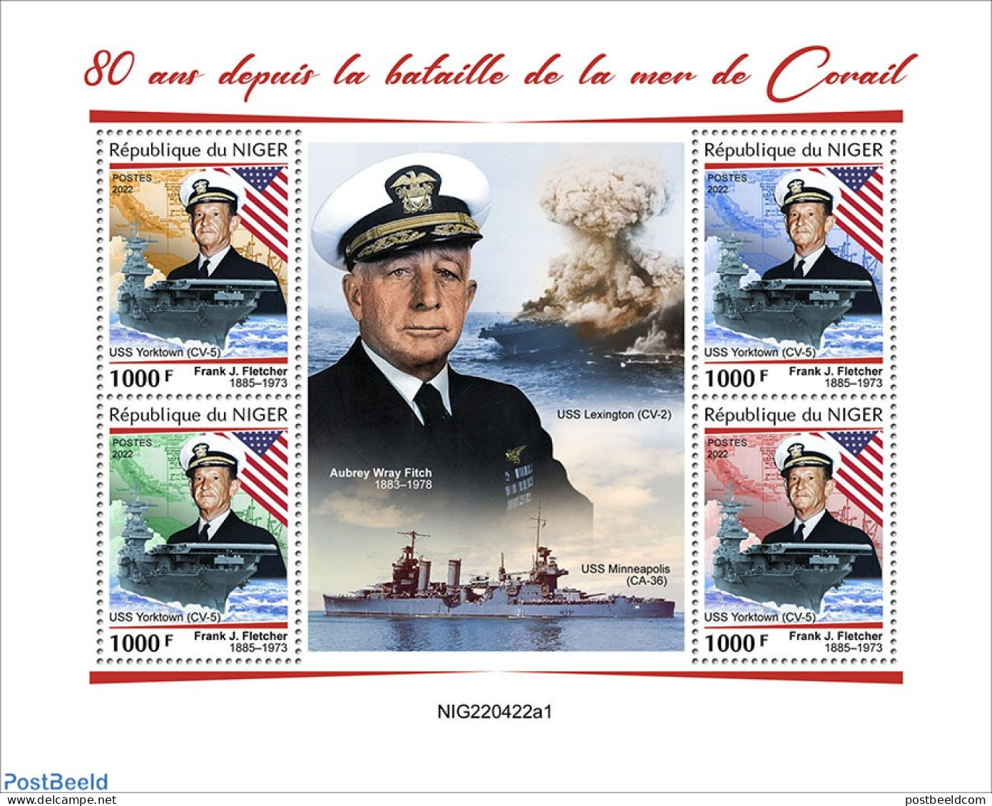 Niger 2022 80 Years Since The Battle Of The Coral Sea, Mint NH, History - Transport - Flags - World War II - Ships And.. - WO2