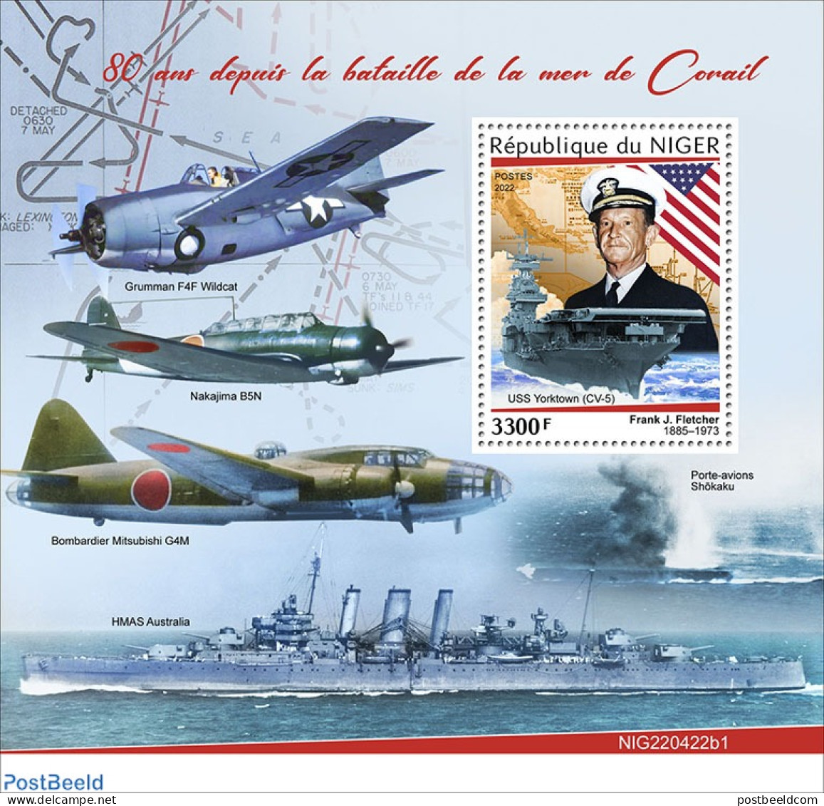 Niger 2022 80 Years Since The Battle Of The Coral Sea, Mint NH, History - Transport - Flags - World War II - Aircraft .. - 2. Weltkrieg