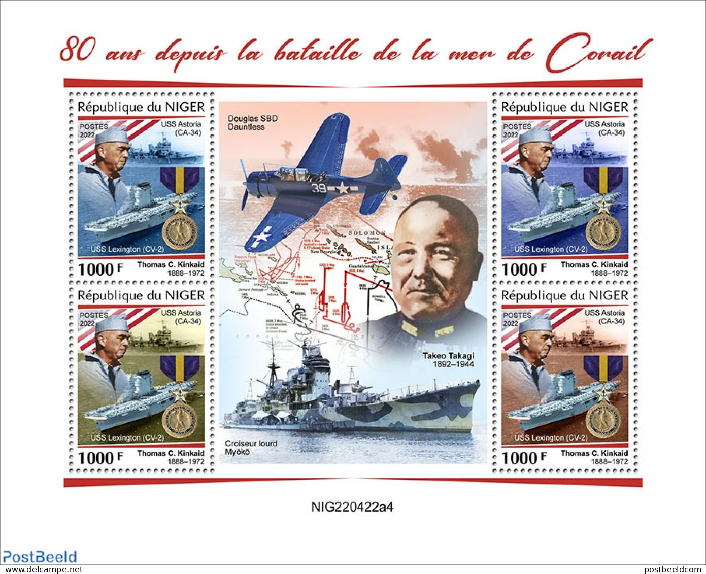 Niger 2022 80 Years Since The Battle Of The Coral Sea, Mint NH, History - Transport - Various - World War II - Aircraf.. - Guerre Mondiale (Seconde)