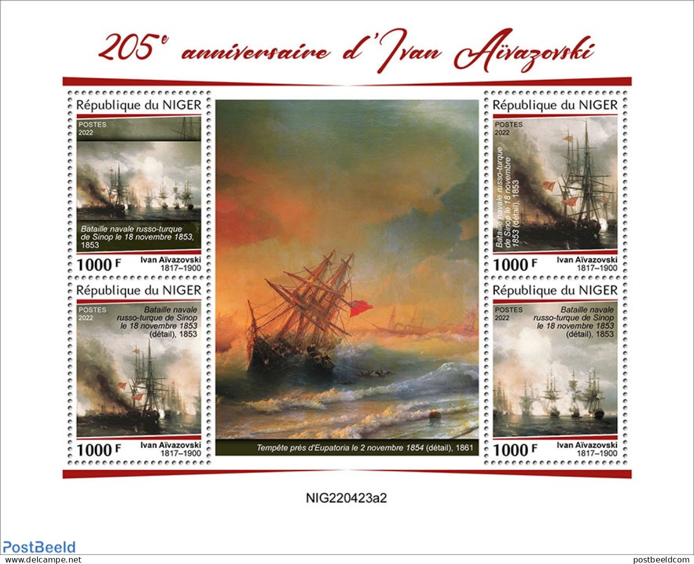 Niger 2022 205th Anniversary Of Ivan Aivazovsky, Mint NH, Transport - Ships And Boats - Art - Paintings - Bateaux