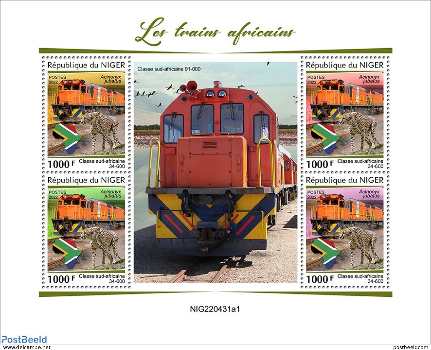 Niger 2022 African Trains, Mint NH, Nature - Transport - Birds - Cat Family - Railways - Treinen