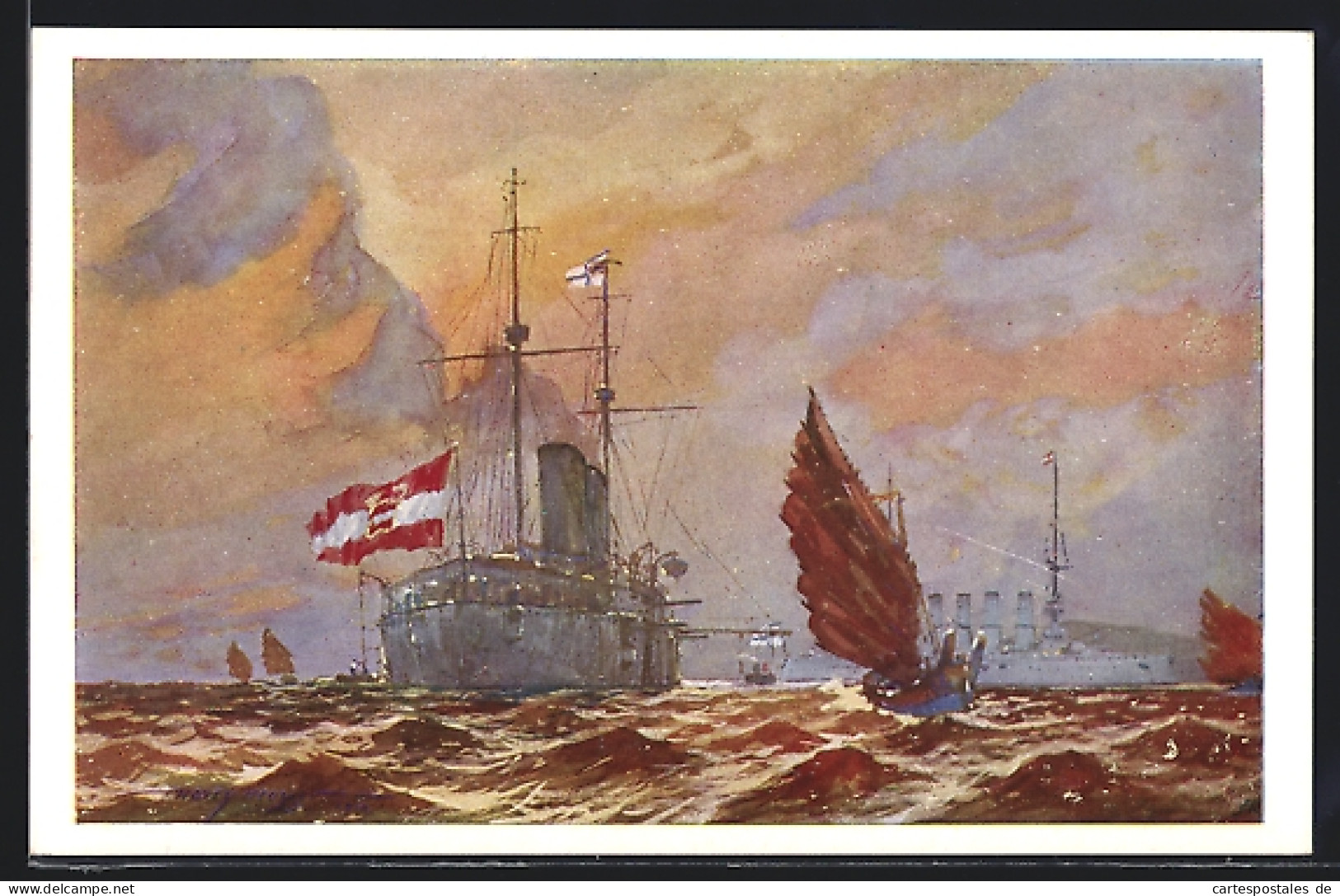 Künstler-AK Harry Heusser: Kiautschau, Kriegsschiff SMS Kaiserin Elisabeth  - China