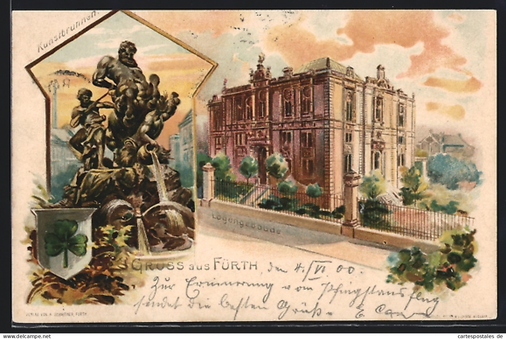 Lithographie Fürth, Logengebäude, Kunstbrunnen  - Autres & Non Classés