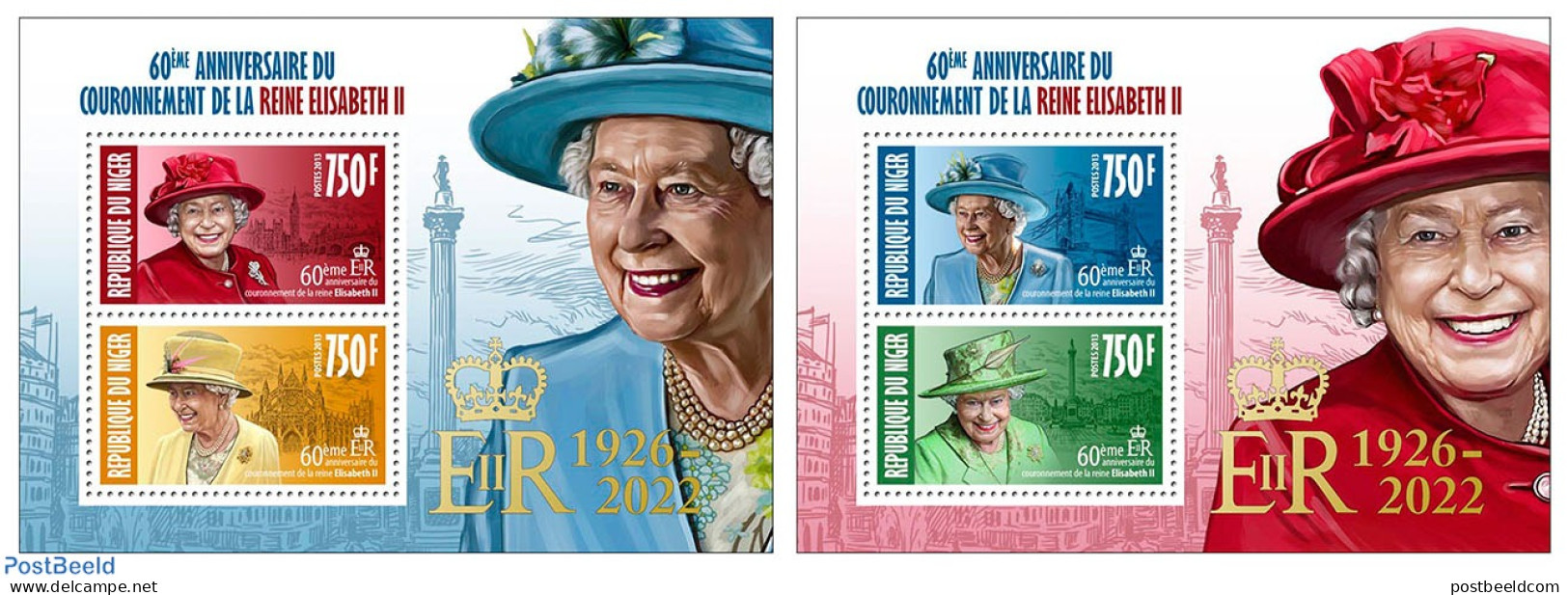 Niger 2022 60th Anniversary Of The Coronation Of Queen Elizabeth II [M/S 2 X 2v 3000 F], Mint NH, History - Kings & Qu.. - Koniklijke Families