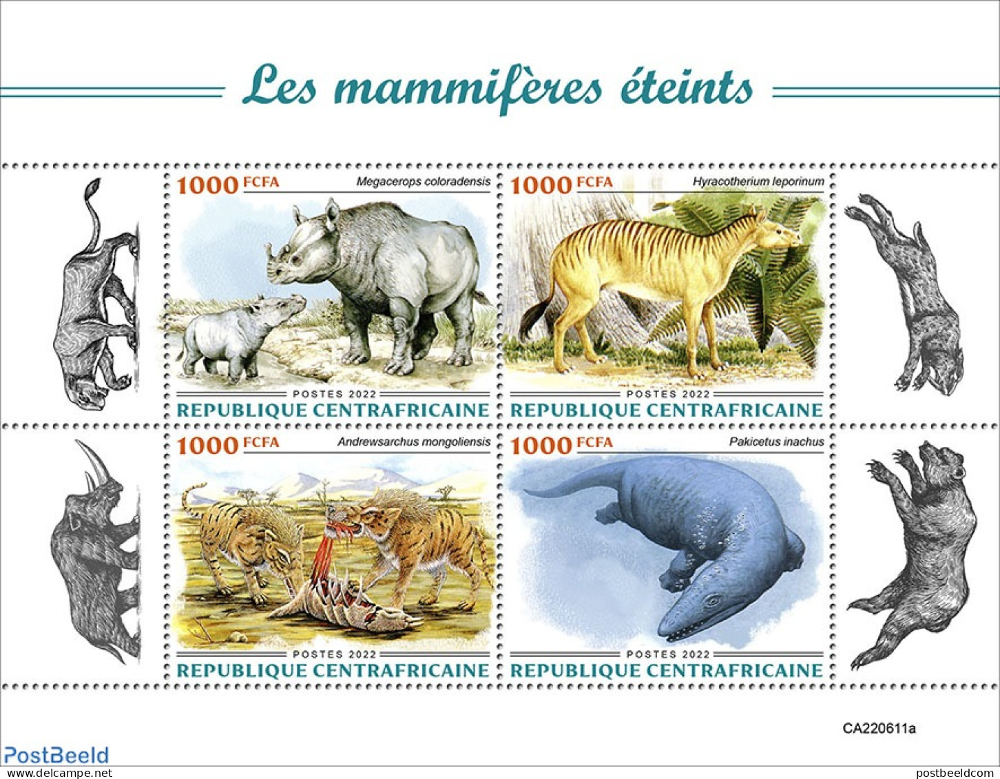 Central Africa 2022 Extinct Mammals, Mint NH, Nature - Animals (others & Mixed) - Prehistoric Animals - Préhistoriques