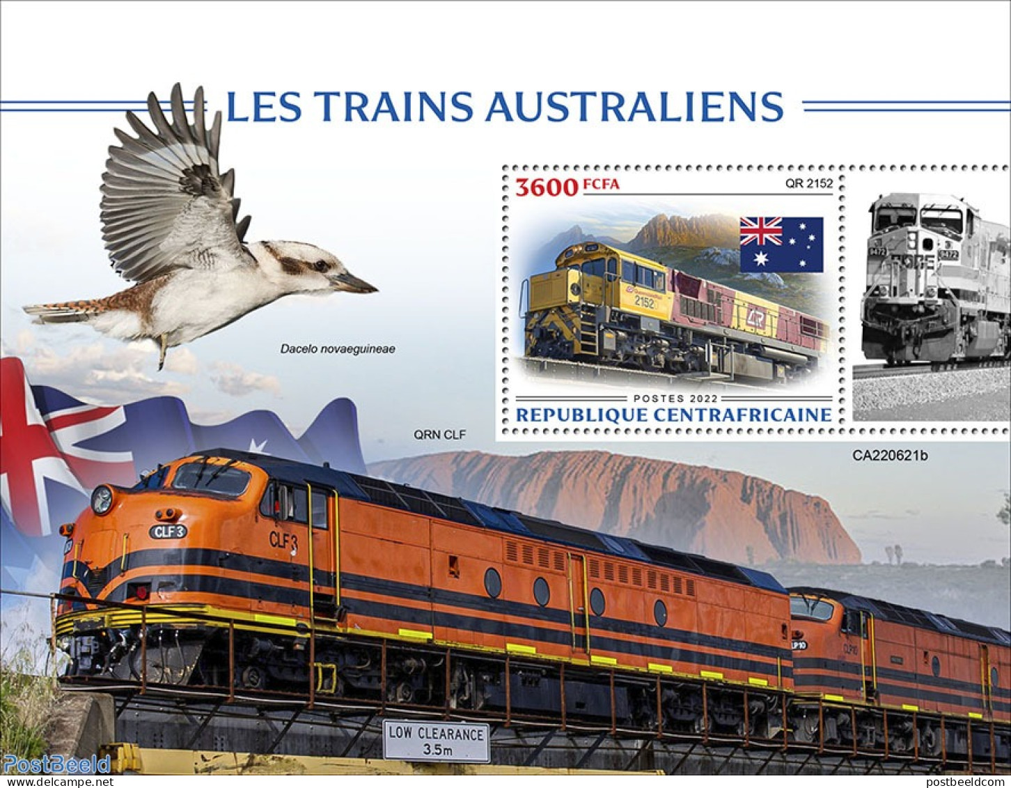Central Africa 2022 Australian Trains, Mint NH, History - Nature - Transport - Flags - Birds - Railways - Treni