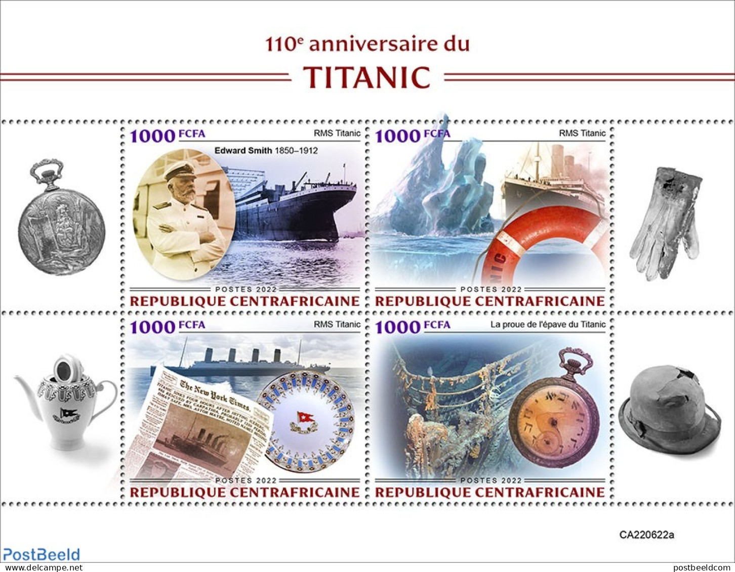 Central Africa 2022 110th Anniversary Of Titanic, Mint NH, Sport - Transport - Mountains & Mountain Climbing - Ships A.. - Escalada
