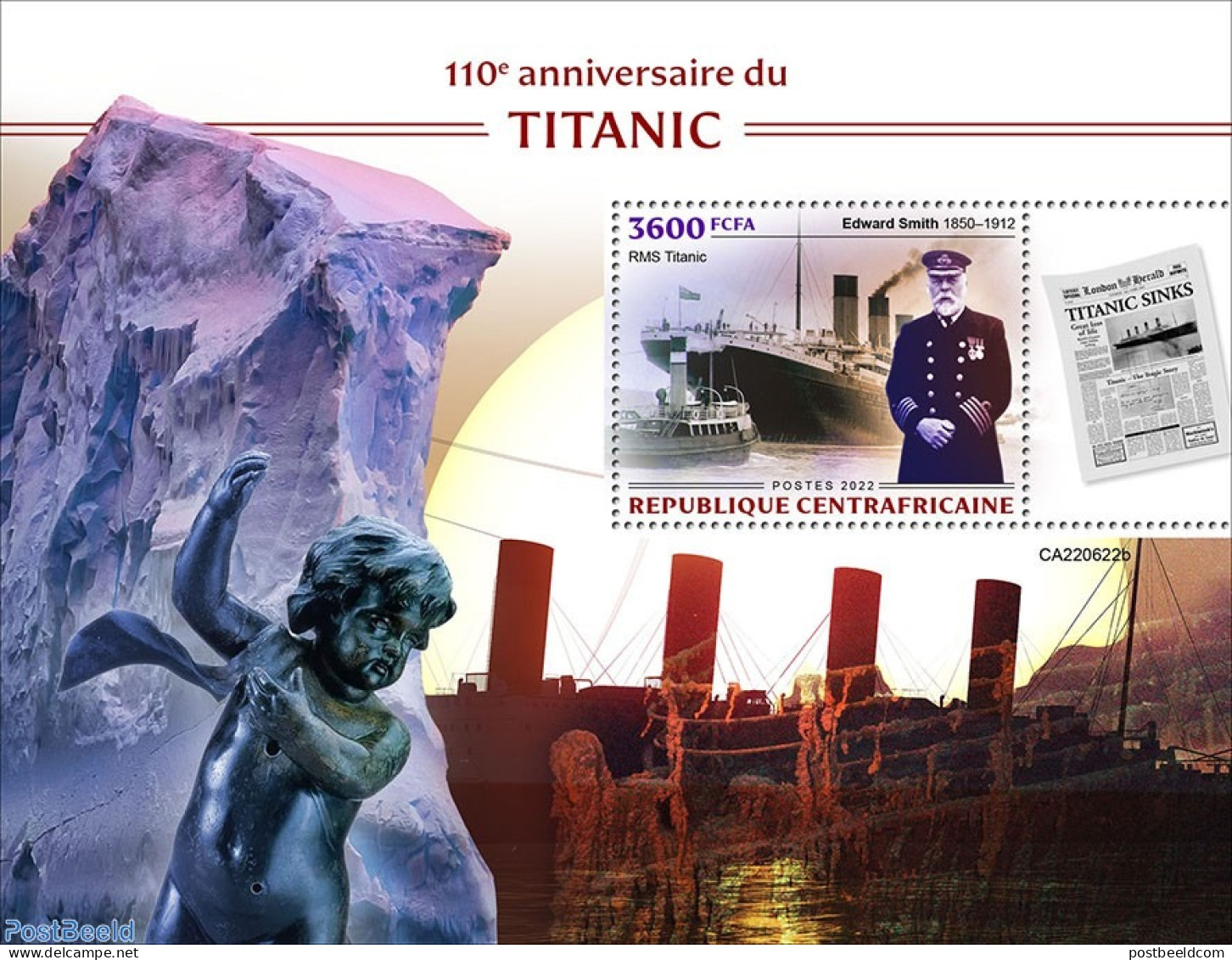 Central Africa 2022 110th Anniversary Of Titanic, Mint NH, Transport - Ships And Boats - Titanic - Bateaux