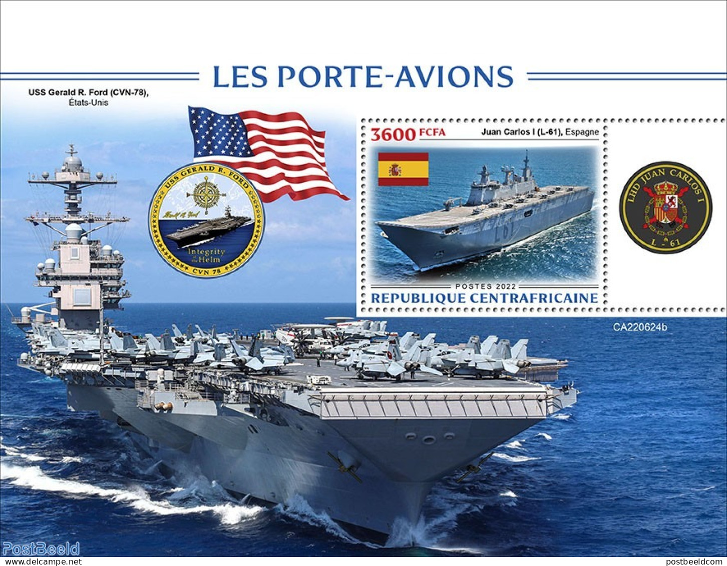 Central Africa 2022 Aircraft Carriers, Mint NH, History - Transport - Flags - Militarism - Aircraft & Aviation - Ships.. - Militares