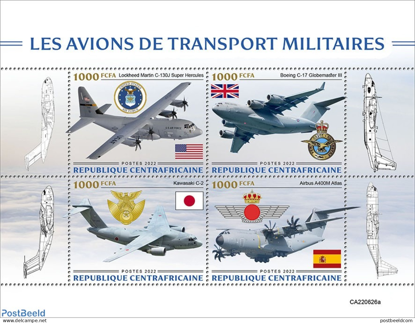 Central Africa 2022 Military Transport Aircraft, Mint NH, History - Transport - Flags - Militarism - Aircraft & Aviation - Militaria