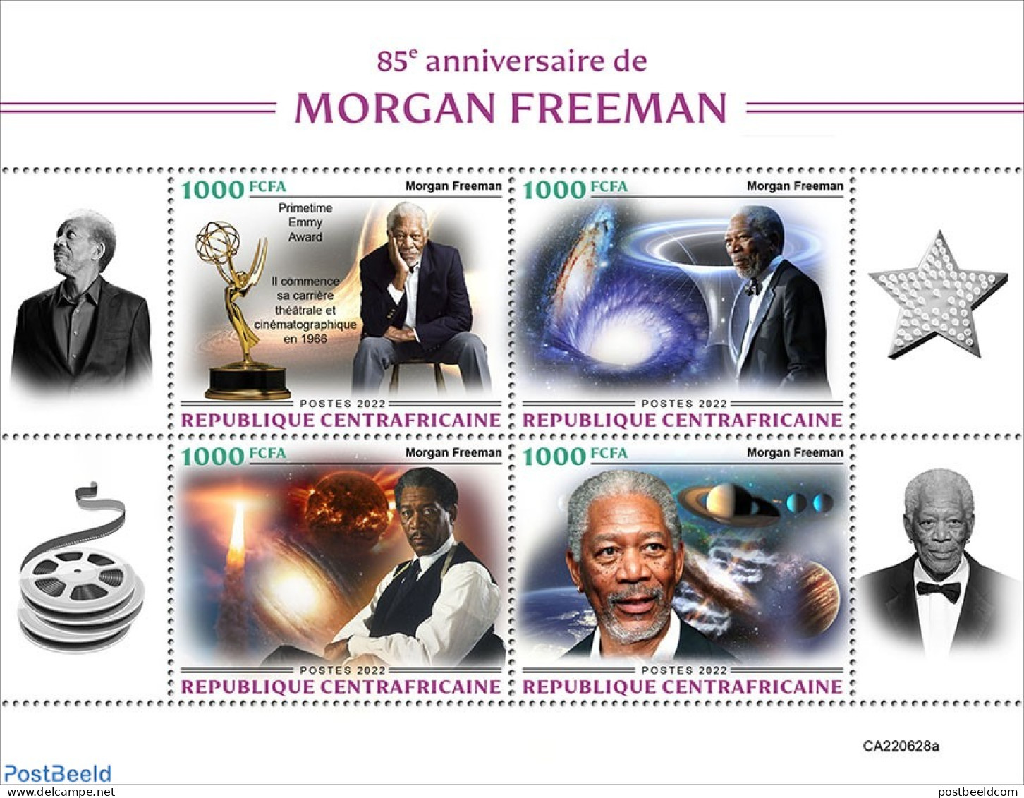 Central Africa 2022 85th Anniversary Of Morgan Freeman, Mint NH, Performance Art - Transport - Movie Stars - Space Exp.. - Attori