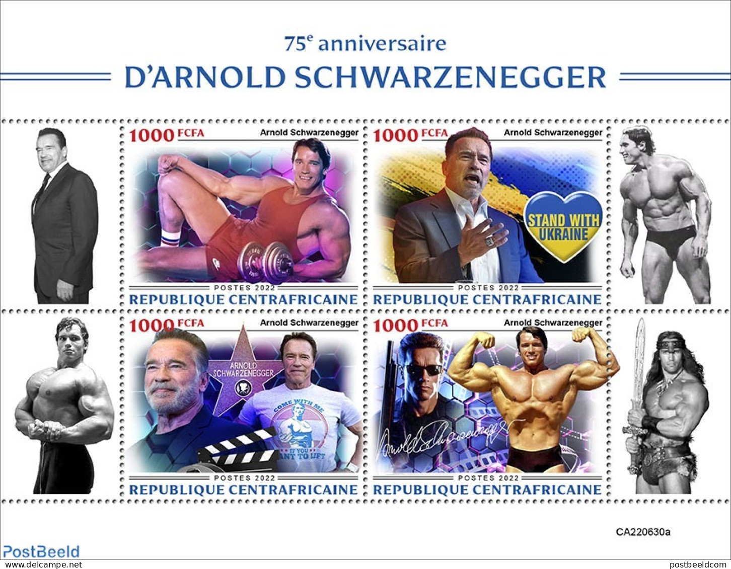 Central Africa 2022 75th Anniversary Of Arnold Schwarzenegger, Mint NH, History - Performance Art - Sport - Politician.. - Attori