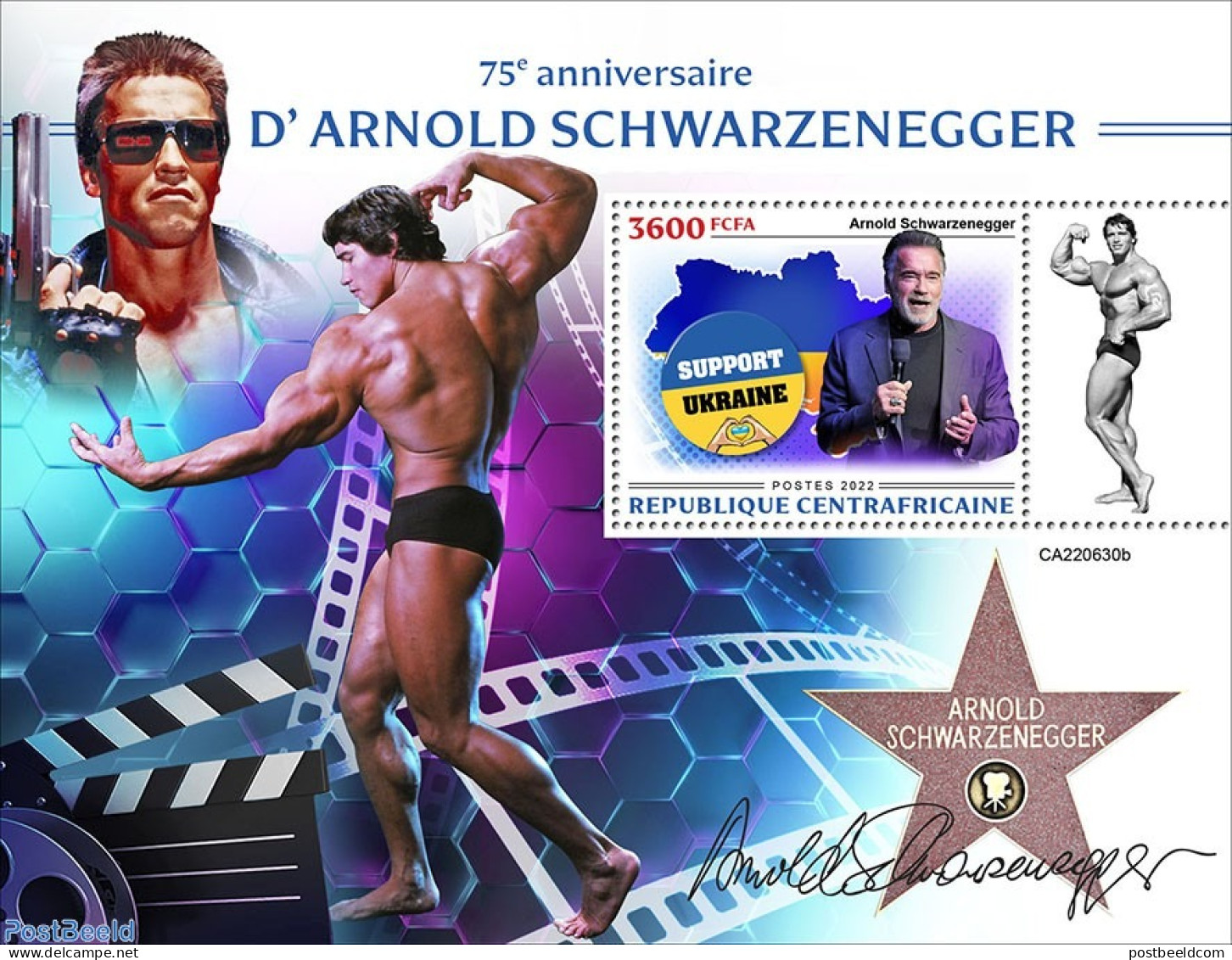 Central Africa 2022 75th Anniversary Of Arnold Schwarzenegger, Mint NH, History - Performance Art - Sport - Politician.. - Actors