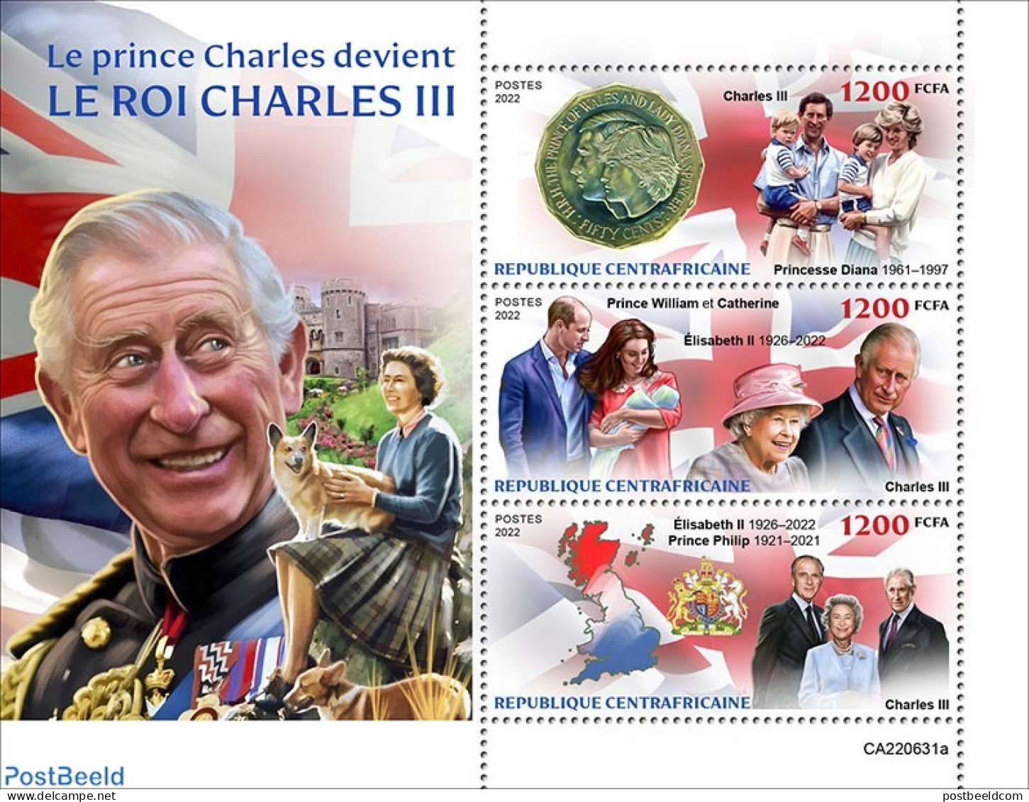 Central Africa 2022 King Charles III, Mint NH, History - Nature - Various - Charles & Diana - Kings & Queens (Royalty).. - Koniklijke Families