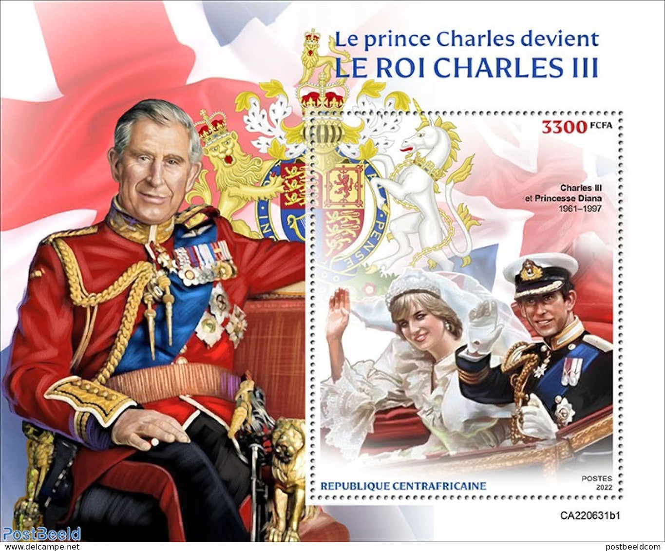 Central Africa 2022 King Charles III, Mint NH, History - Charles & Diana - Kings & Queens (Royalty) - Königshäuser, Adel