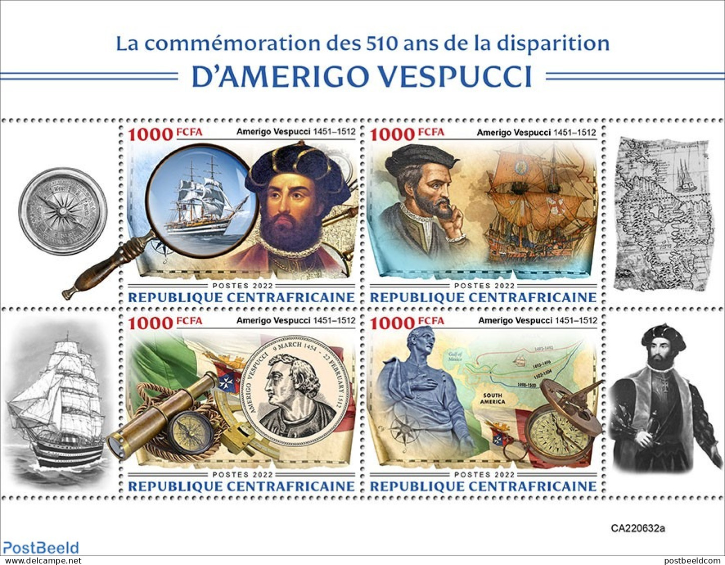 Central Africa 2022 510th Memorial Anniversary Of Amerigo Vespucci, Mint NH, History - Transport - Various - Explorers.. - Onderzoekers