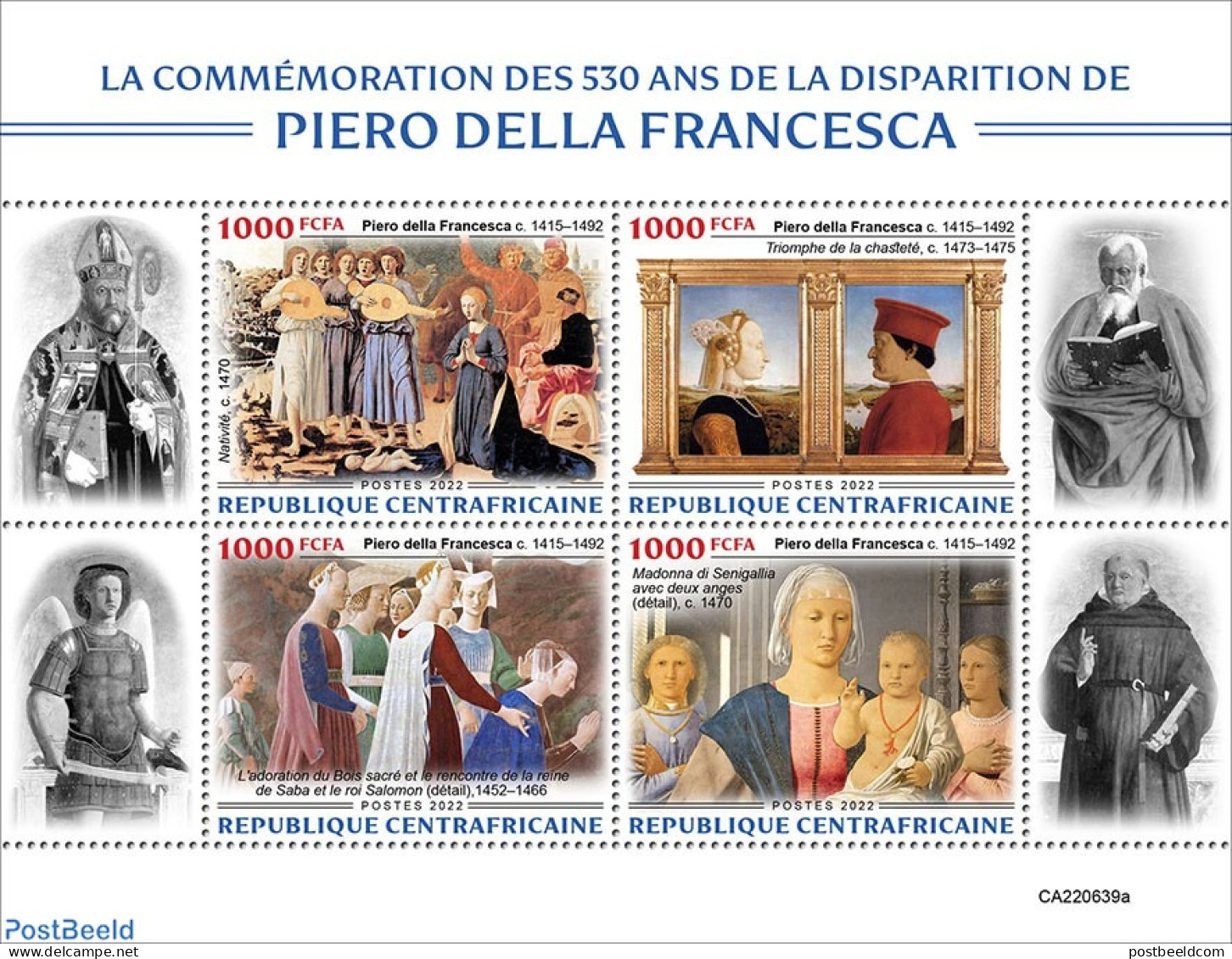 Central Africa 2022 530th Memorial Anniversary Of Piero Della Francesca, Mint NH, Art - Paintings - Centrafricaine (République)