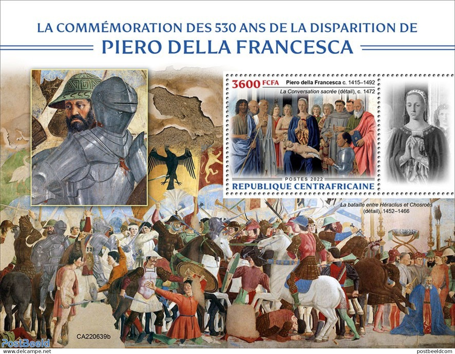 Central Africa 2022 530th Memorial Anniversary Of Piero Della Francesca, Mint NH, Art - Paintings - Centrafricaine (République)