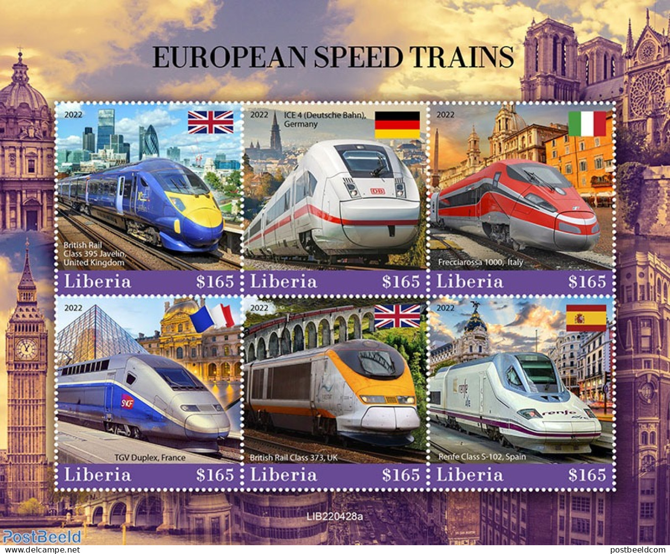 Liberia 2022 European Speed Trains, Mint NH, History - Transport - Flags - Railways - Trenes