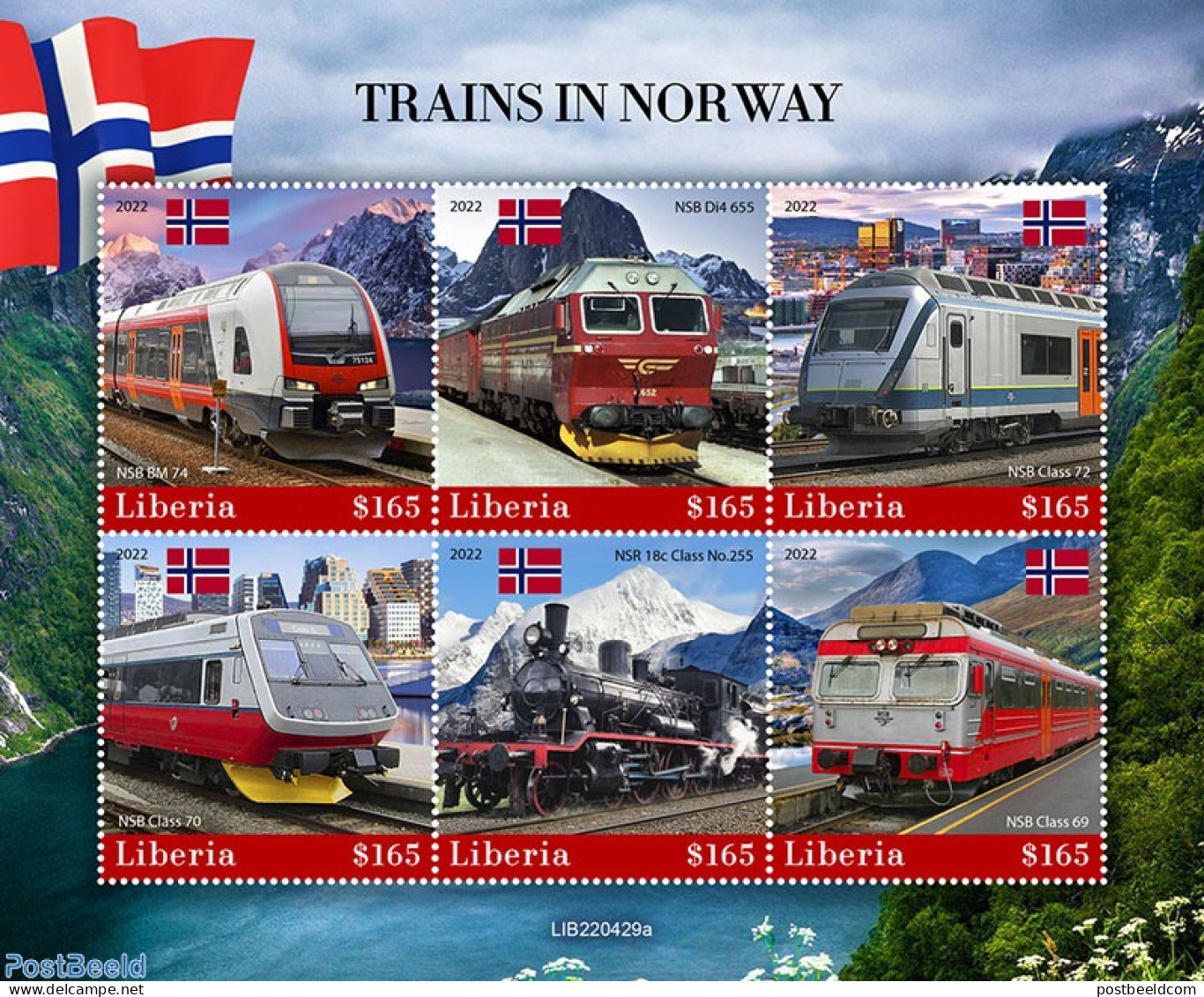 Liberia 2022 Trains In Norway, Mint NH, History - Sport - Transport - Flags - Mountains & Mountain Climbing - Railways - Bergsteigen