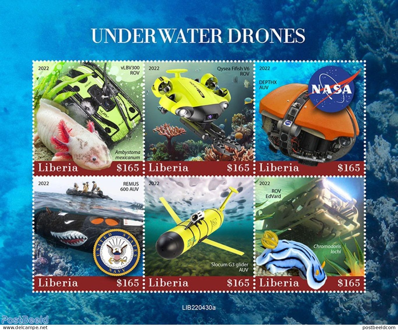 Liberia 2022 Under Water Drones, Mint NH, History - Nature - Transport - Explorers - Animals (others & Mixed) - Corals - Esploratori