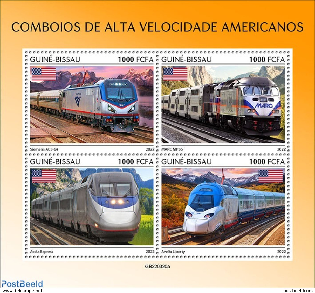 Guinea Bissau 2022 American Speed  Trains, Mint NH, History - Transport - Flags - Railways - Treni