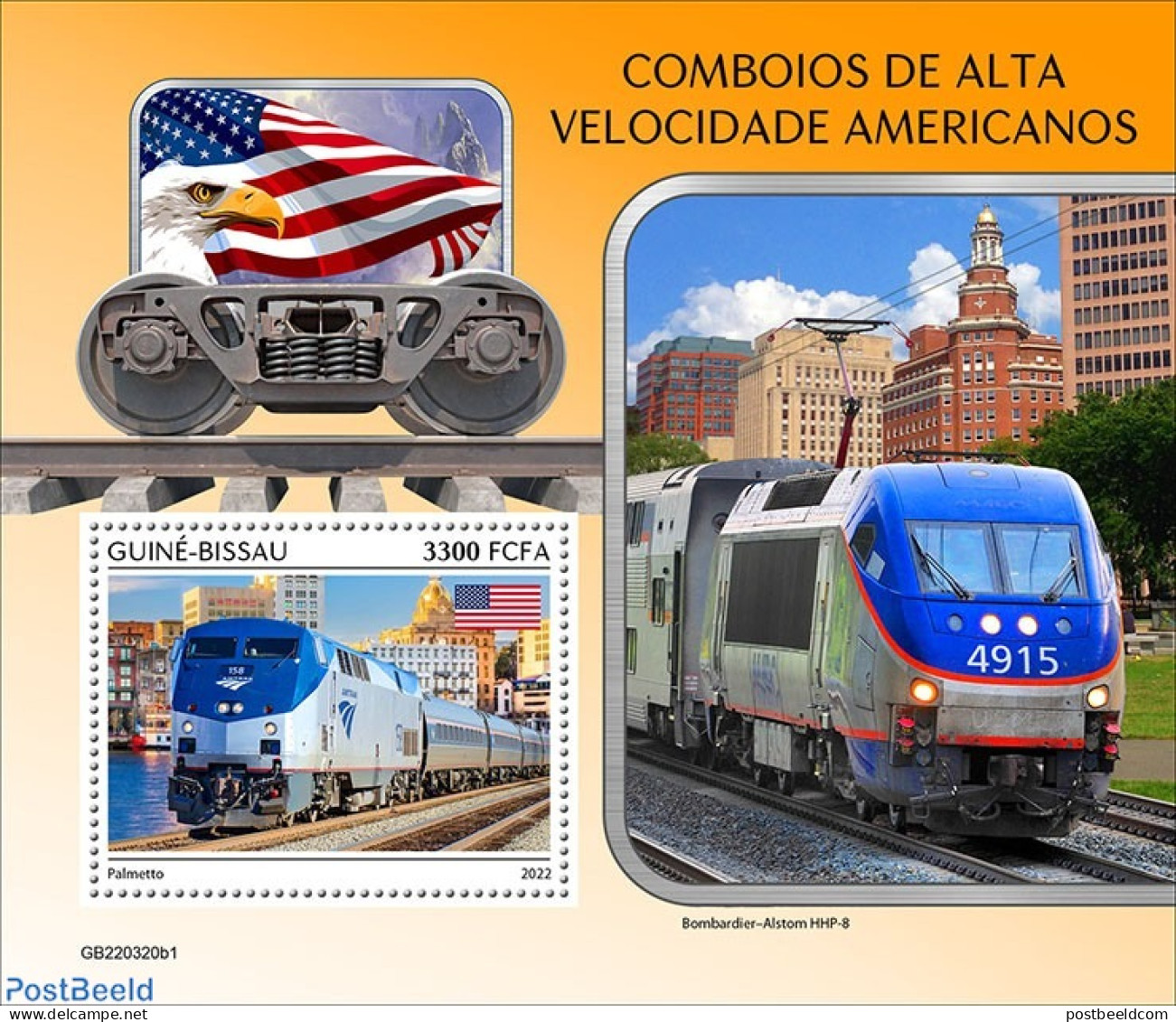 Guinea Bissau 2022 American Speed  Trains, Mint NH, History - Nature - Transport - Flags - Birds Of Prey - Railways - Trains