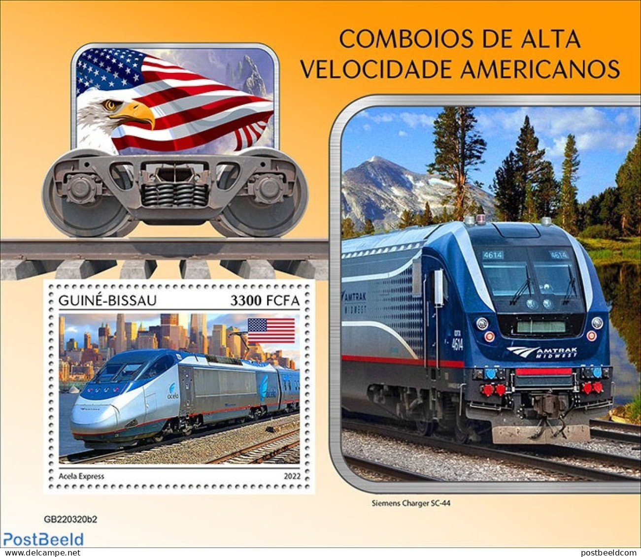 Guinea Bissau 2022 American Speed  Trains, Mint NH, History - Nature - Transport - Flags - Birds Of Prey - Railways - Treinen