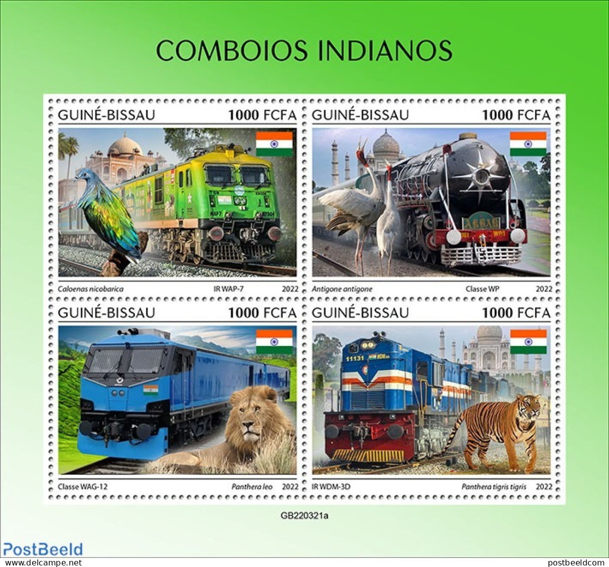 Guinea Bissau 2022 Indian Trains, Mint NH, History - Nature - Transport - Flags - Birds - Cat Family - Railways - Treinen