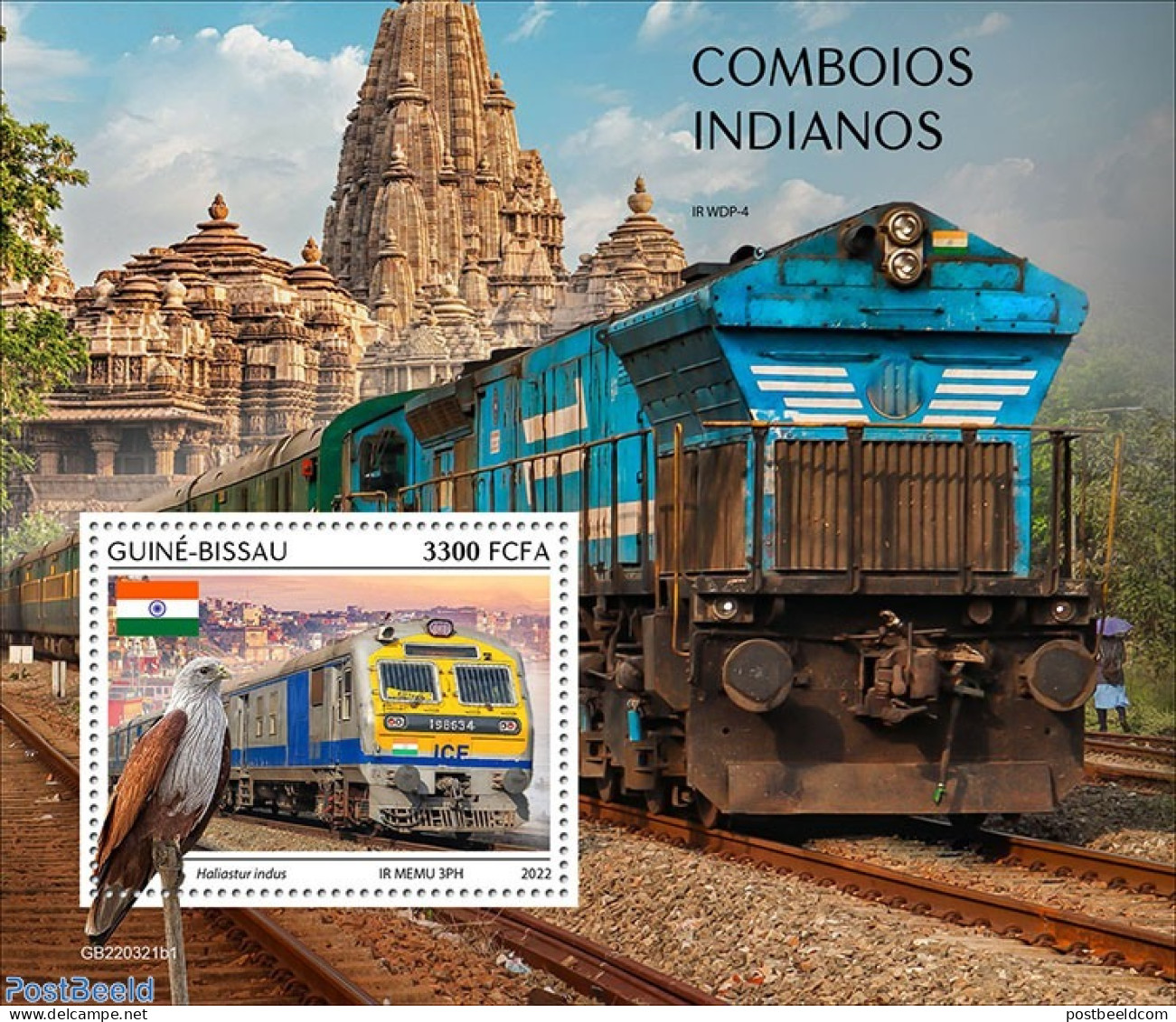 Guinea Bissau 2022 Indian Trains, Mint NH, History - Nature - Transport - Flags - Birds Of Prey - Railways - Treni