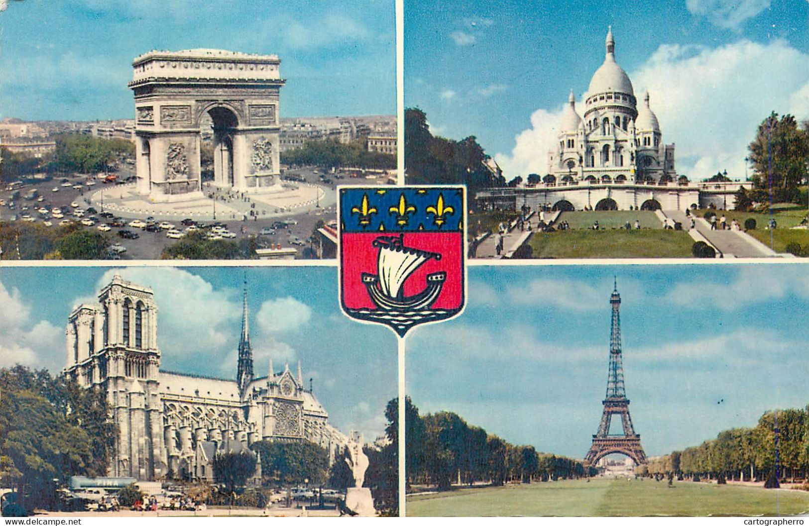 Postcard France Paris Arc De Triomphe Sacre Coeur Notre Dame Tour Eiffel - Triumphbogen