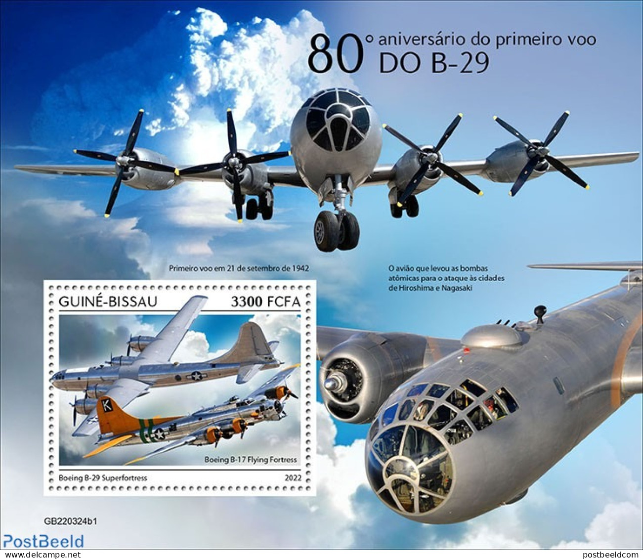 Guinea Bissau 2022 80th Anniversary Of The B-29 First Flight , Mint NH, History - Transport - Militarism - World War I.. - Militaria