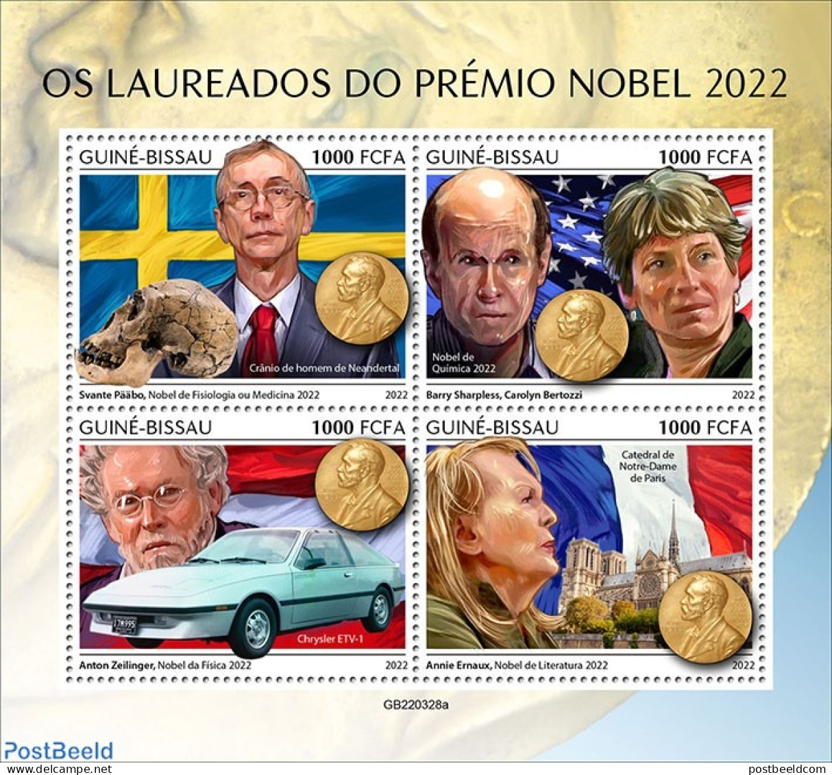 Guinea Bissau 2022 Nobelprize Winners 2022, Mint NH, History - Science - Transport - Nobel Prize Winners - Automobiles - Prix Nobel