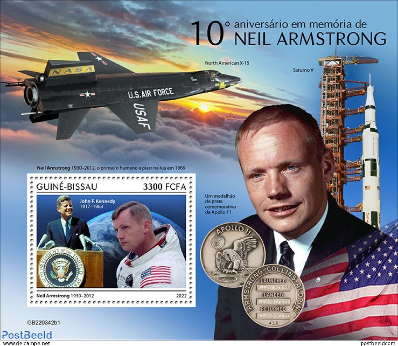 Guinea Bissau 2022 10th Memorial Anniversary Of Neil Armstrong , Mint NH, Transport - Aircraft & Aviation - Space Expl.. - Airplanes