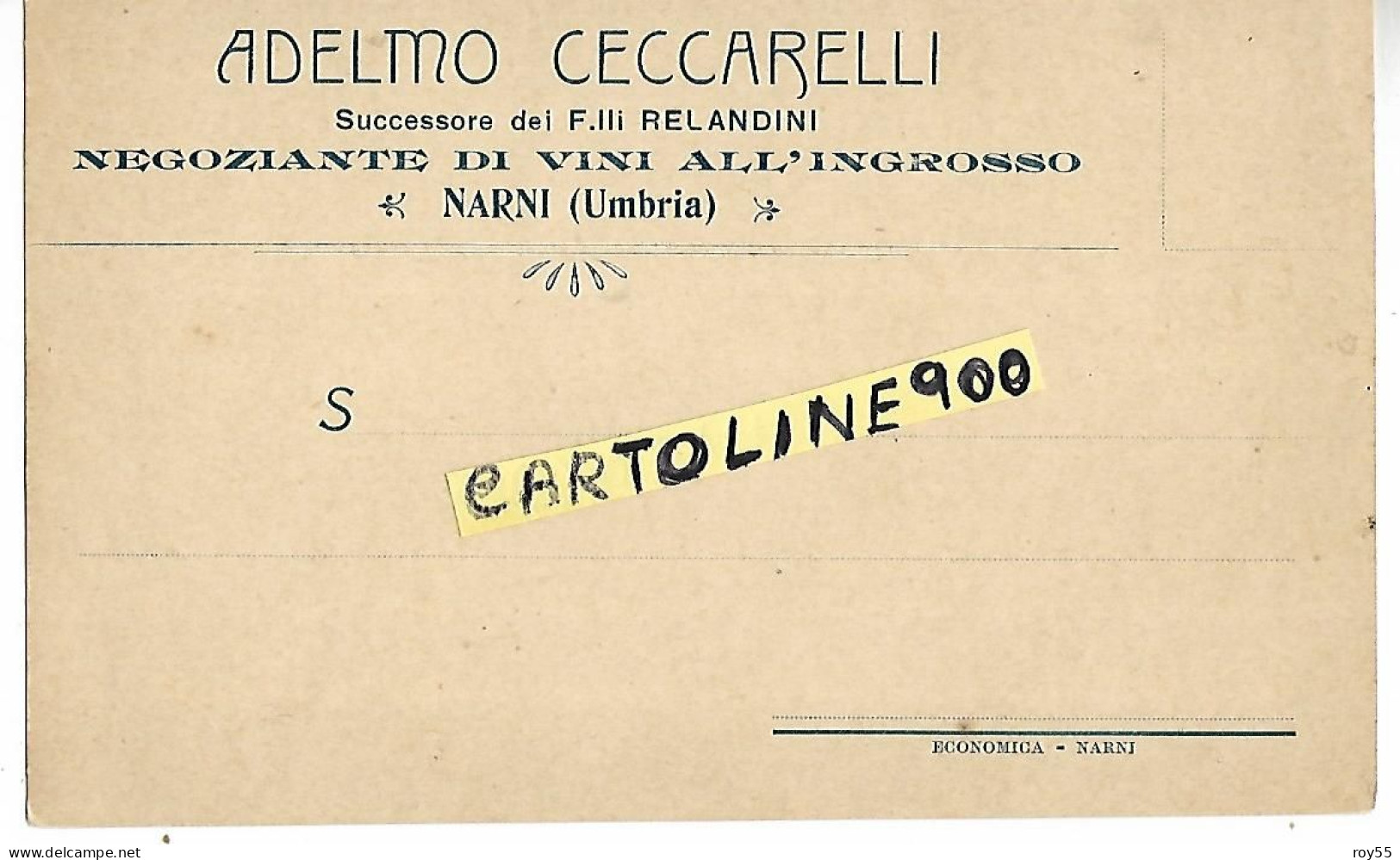 Umbria Terni Narni Adelmo Ceccarelli Negoziante Di Vini All'ingrosso Cartolina Pubblicitaria Primi 900 (f.picc./v.retro) - Publicité