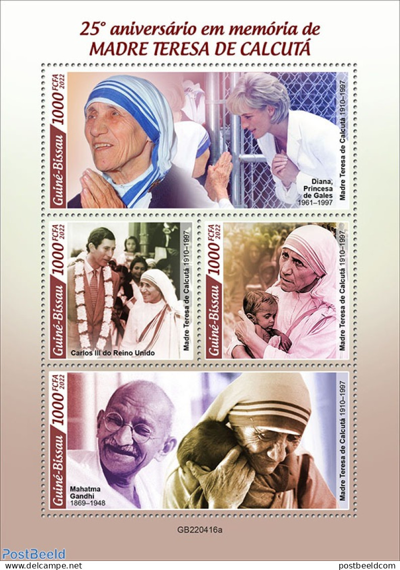 Guinea Bissau 2022 25th Memorial Anniversary Of Mother Teresa, Mint NH, History - Charles & Diana - Gandhi - Nobel Pri.. - Case Reali
