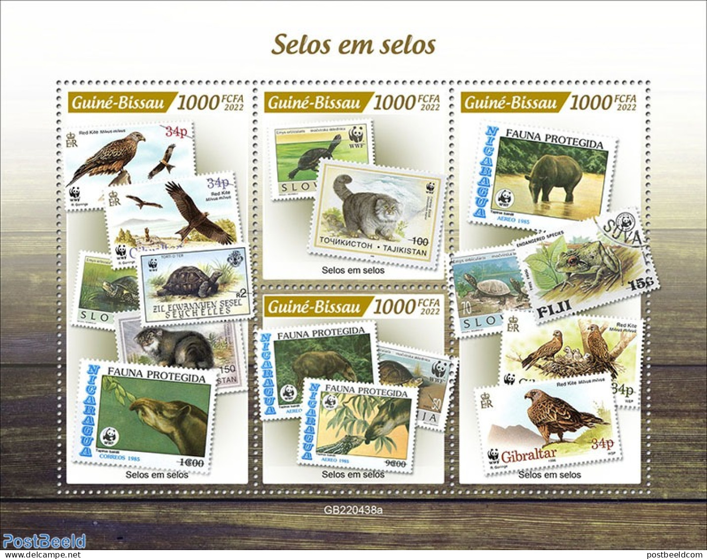 Guinea Bissau 2022 Stamps On Stamps, Mint NH, Nature - Birds - Birds Of Prey - Cats - Frogs & Toads - Turtles - World .. - Briefmarken Auf Briefmarken