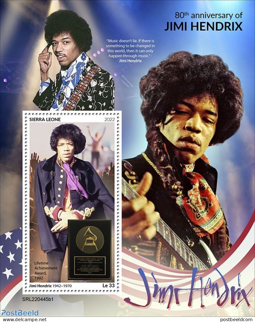 Sierra Leone 2022 80th Anniversary Of Jimi Hendrix, Mint NH, Performance Art - Music - Musical Instruments - Music