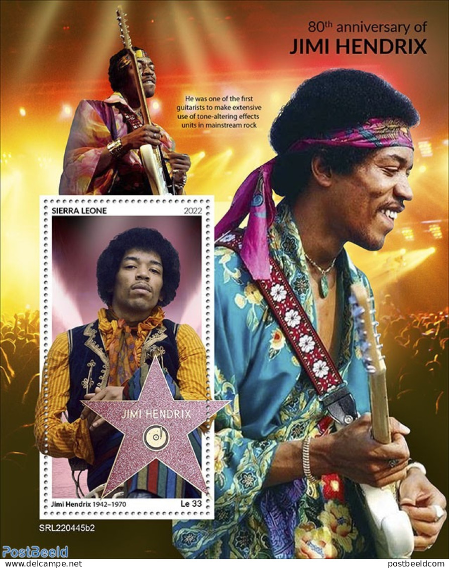 Sierra Leone 2022 80th Anniversary Of Jimi Hendrix, Mint NH, Performance Art - Music - Musical Instruments - Musica