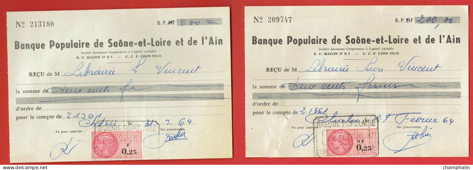 Lot De 2 Reçus 1964 - Libraire Léon Vincent à Chalon-sur-Saône (71) - Timbre Fiscal TF N°328 - Banque Populaire - Wechsel