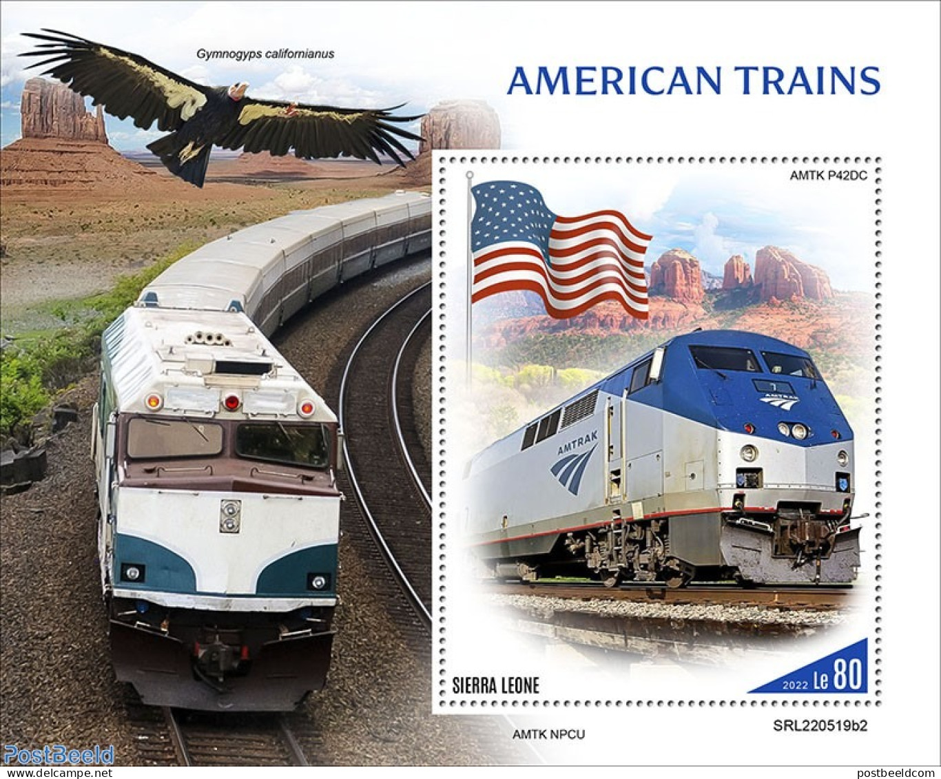 Sierra Leone 2022 American Trains, Mint NH, History - Nature - Transport - Flags - Birds Of Prey - Railways - Eisenbahnen
