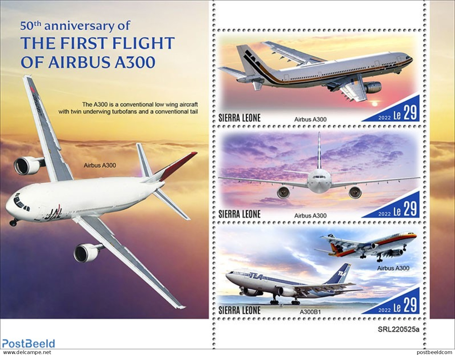 Sierra Leone 2022 50th Anniversary Of The First Flight Of The Airbus A300, Mint NH, Transport - Aircraft & Aviation - Avions