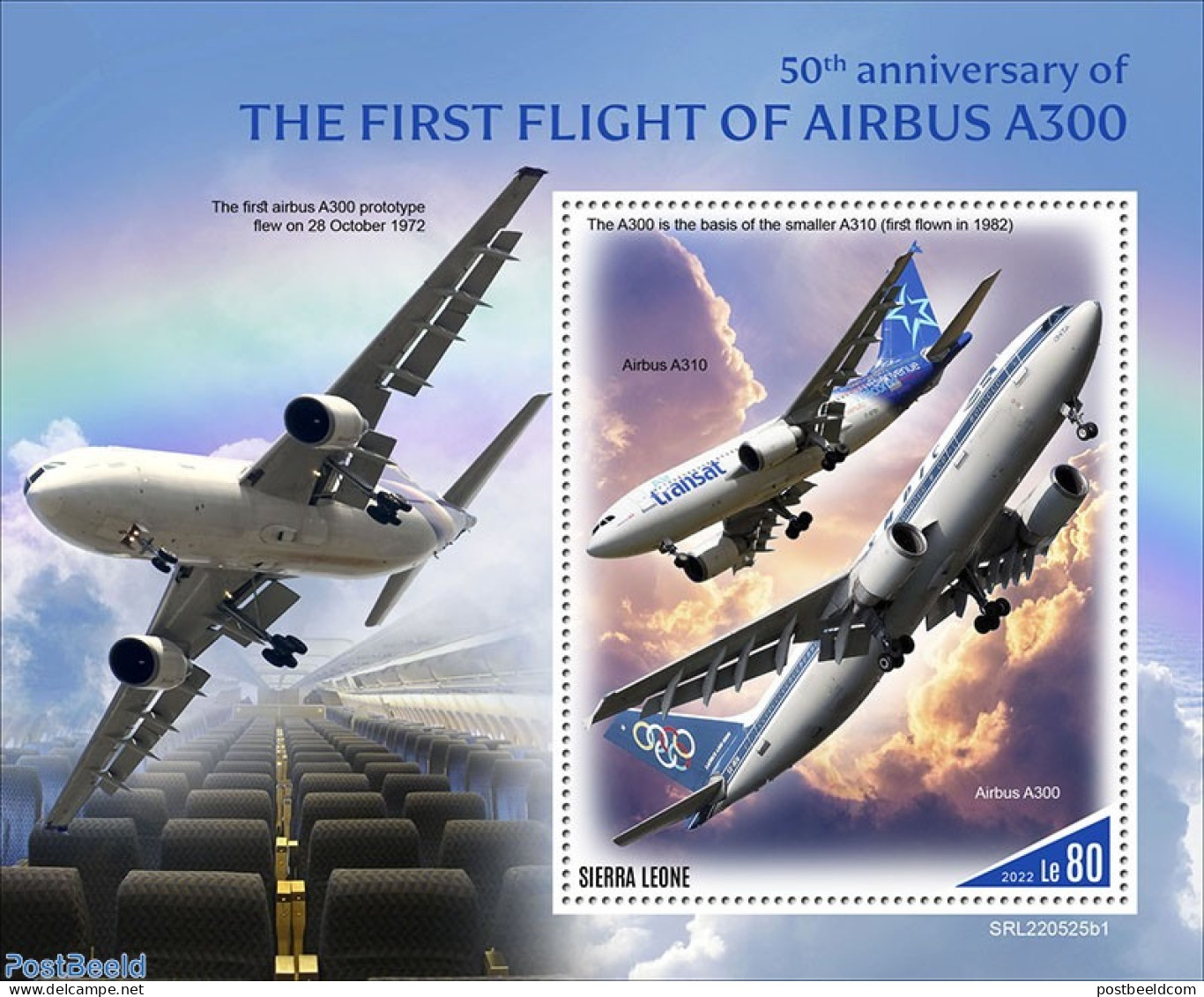 Sierra Leone 2022 50th Anniversary Of The First Flight Of The Airbus A300, Mint NH, Transport - Aircraft & Aviation - Airplanes