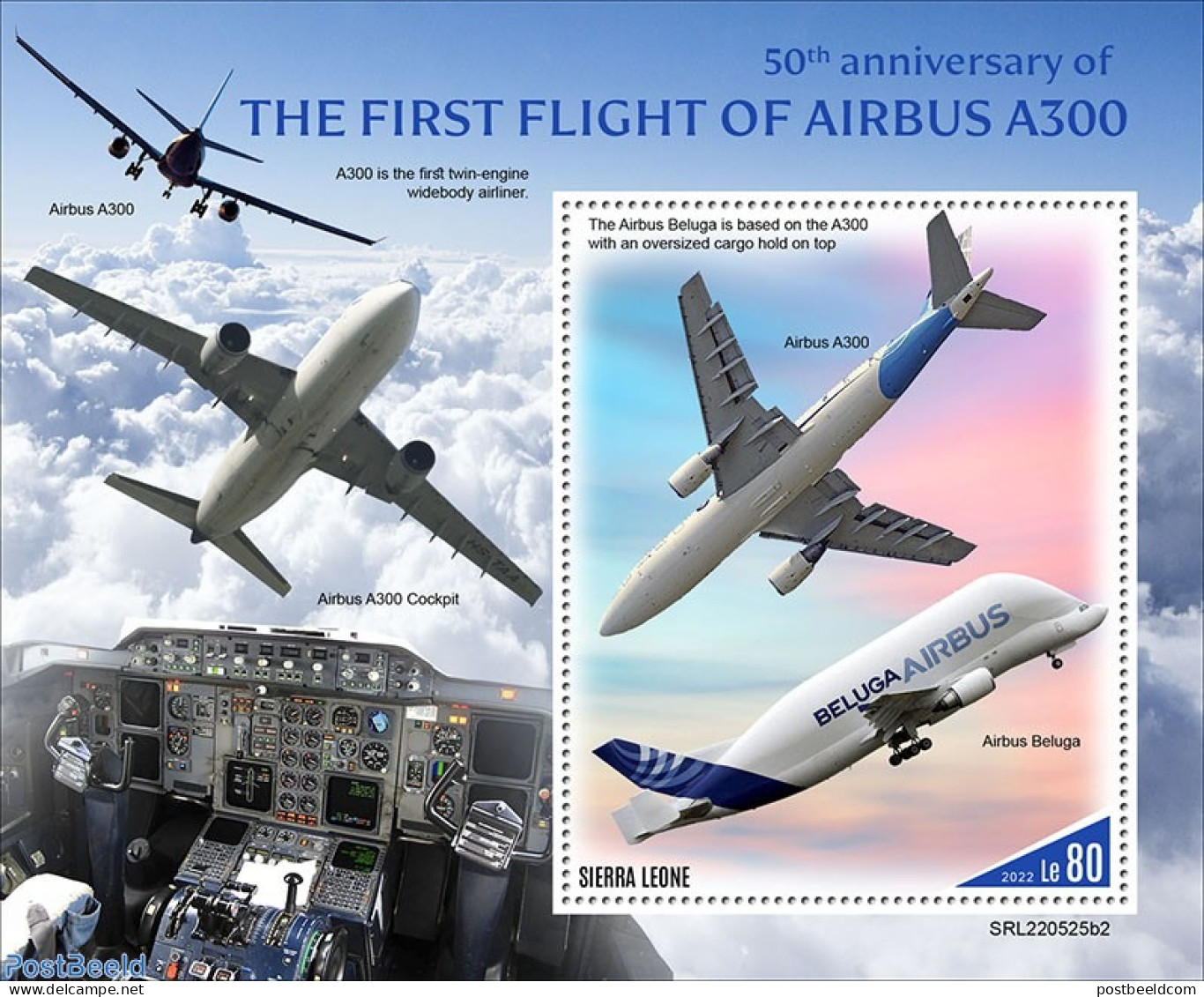 Sierra Leone 2022 50th Anniversary Of The First Flight Of The Airbus A300, Mint NH, Transport - Aircraft & Aviation - Airplanes