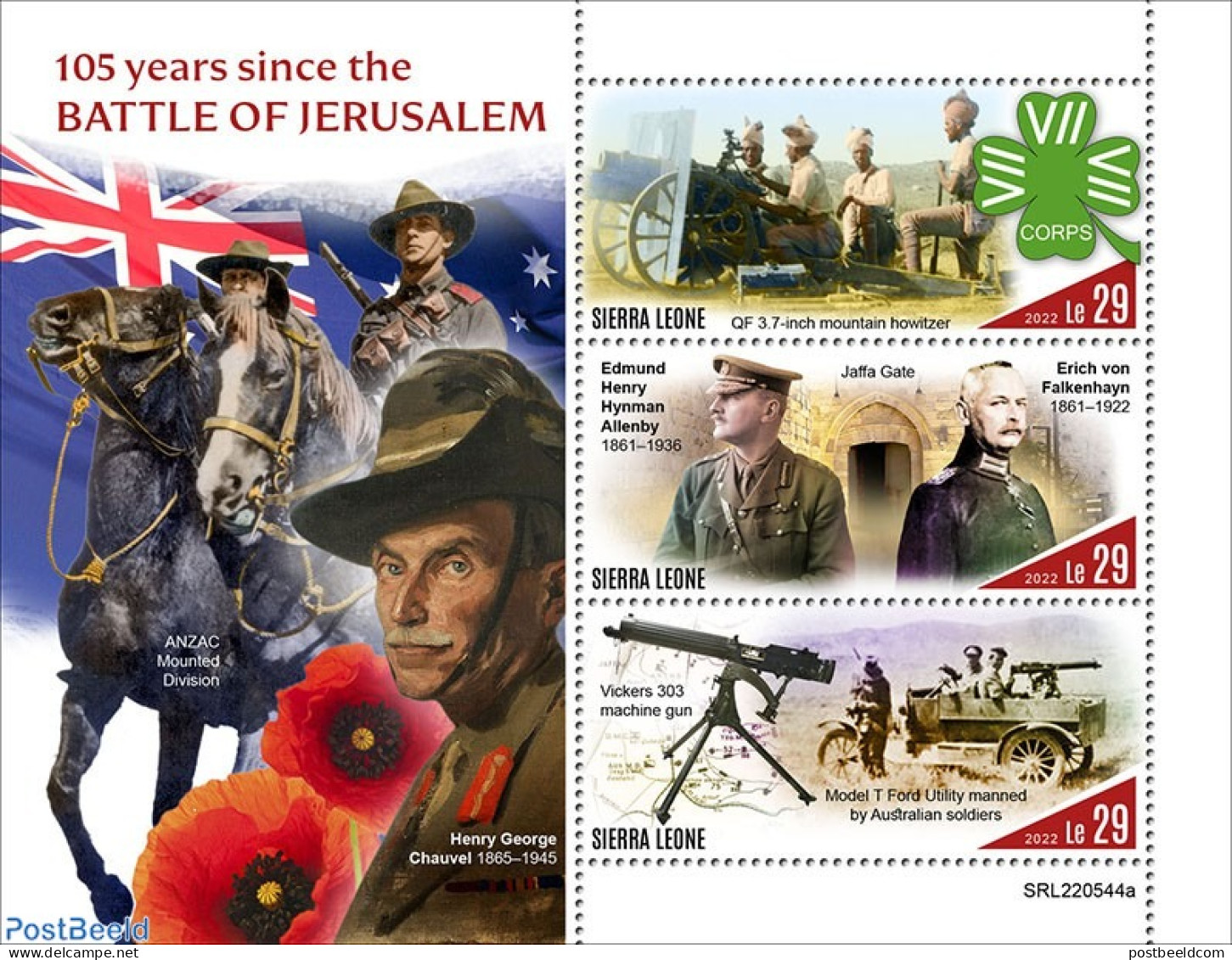 Sierra Leone 2022 105 Years Since The Battle Of Jerusalem, Mint NH, History - Nature - Transport - Militarism - Horses - Militaria